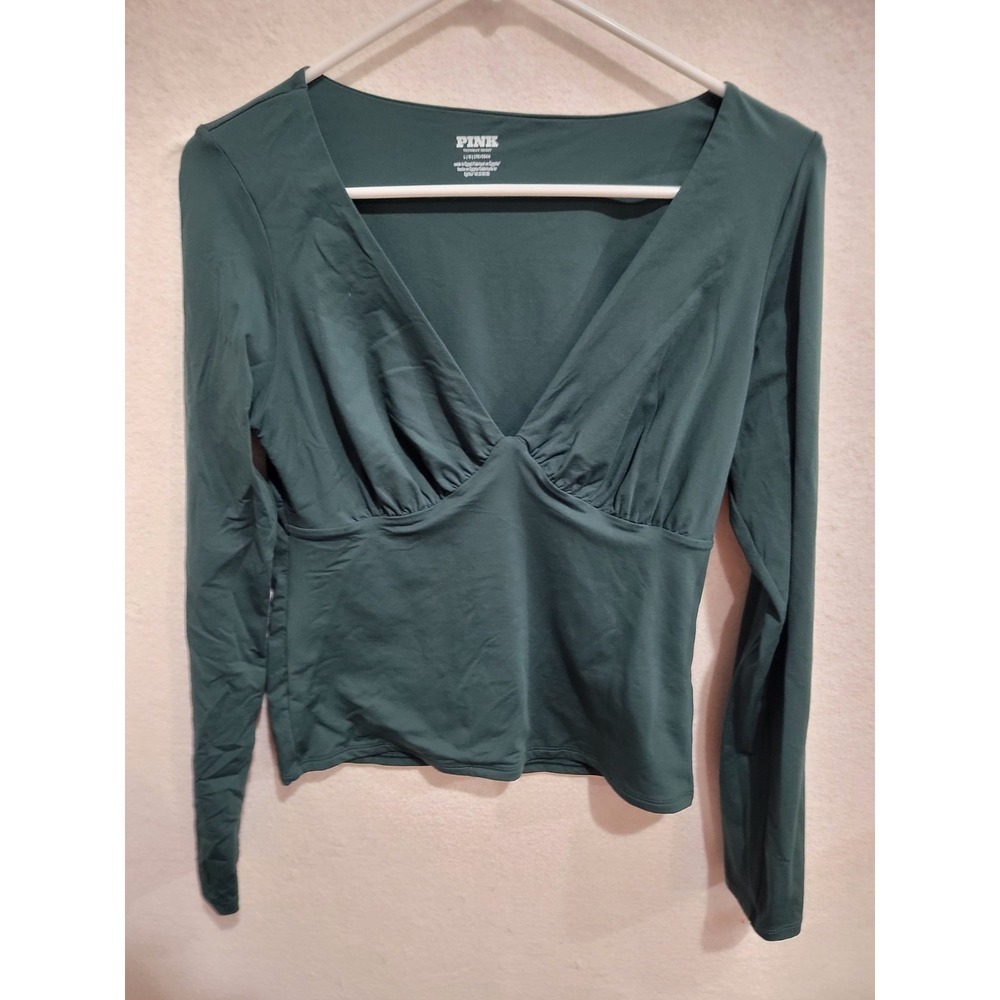 VICTORIA'S SECRET PINK Base Stretch Ruched Long Sleeve V-Neck Top Large Green